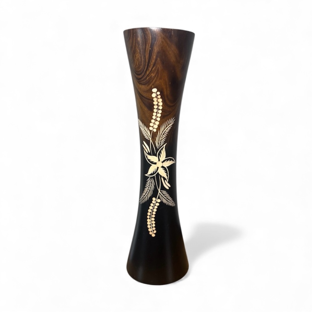 Thailand Art Hand Carved Tropical Flower Cylindrical Mango Wood Vase, [14-inch]